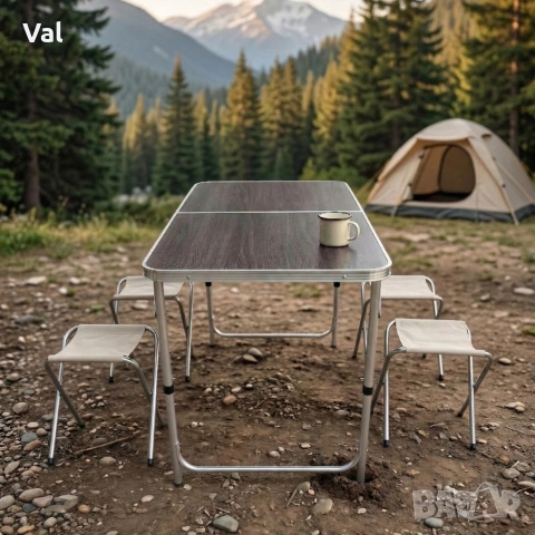 Комплект сгъваема къмпинг маса с 4 стола, регулируема височина, дизайн "куфар" в сив цвят, снимка 5 - Градински мебели, декорация  - 53968603