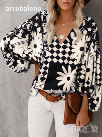 Дамска ежедневна риза с щампован фенерски ръкав с V-образно деколте, 9цвята , снимка 10 - Ризи - 42039048