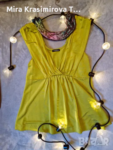 Парти аутфит: зелен топ Motivi (XS) + ярко колие