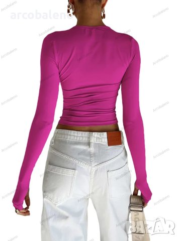 Дамска едноцветна Hot Girl Slim Fit тениска с кръгло деколте и дълъг ръкав, 8цвята, снимка 11 - Тениски - 42771314