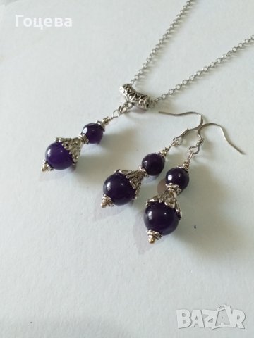 Красив комплект бижута с камъни кварц в цвят индиго и орнаменти в цвят Сребро , снимка 5 - Бижутерийни комплекти - 37676212