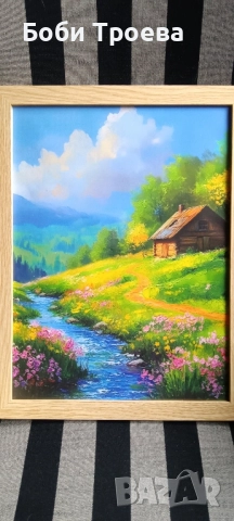 Стилна сцена за стенна декорация - с рамка, с живописен пейзаж с рустична къща и планини, снимка 5 - Картини - 51977628