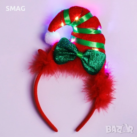 Коледна диадема с шапка на елф в червено и зелено райе, със светлина_1255085