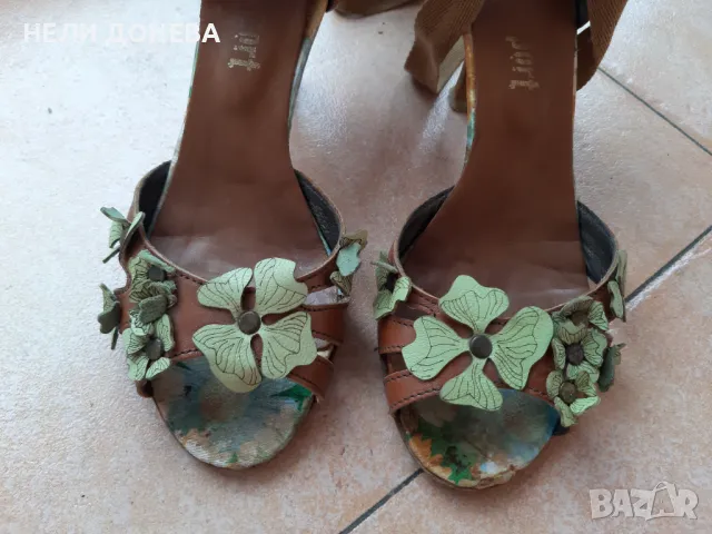 Уникални Сандали ЕСТЕСТВЕНА Кожа с Декорация Кожени Цветя и връзки! №37, снимка 2 - Сандали - 49830763