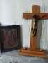 Голям стар дървен кръст с бронзова фигура(30/55)и медна икона дървена рамка Разпятие Христово(30/21 , снимка 2