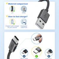 uNi вискокачествен USB-A to USB-C Charging Cable, 60 W,  300 см., снимка 3 - USB кабели - 33915659