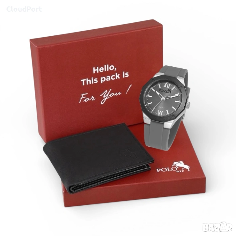 Мъжки комплект, POLO Air, портфейл и часовници, черен, снимка 1