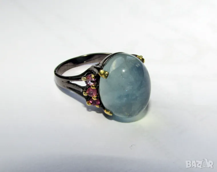 925 сребърен пръстен с родиево покритие и аквамарин 12 карата. Халка 7/55/, снимка 1