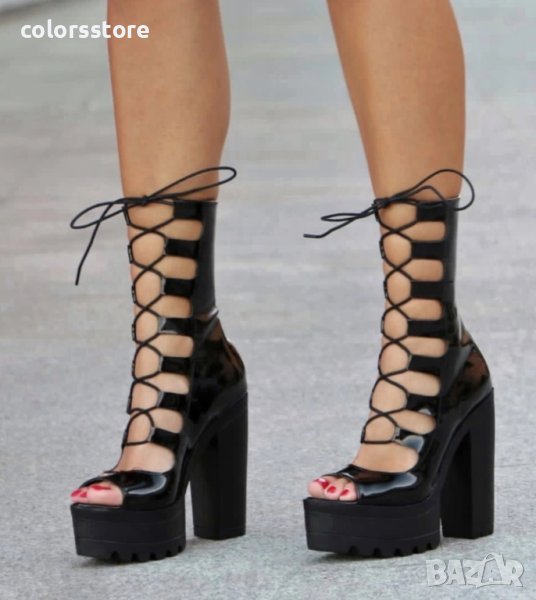 Летни боти на ток - черен лак - 101, снимка 1