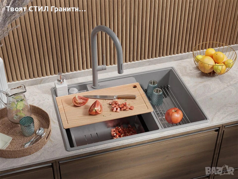 Сива кухненска гранитна мивка Париж 80 Work&Store 780 x 530 мм, снимка 1