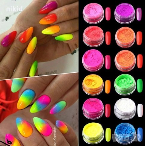 12 бр електрик неонов неон цвят цветове пудра прах пигмент омбре за маникюр нокти за гел лак, снимка 1