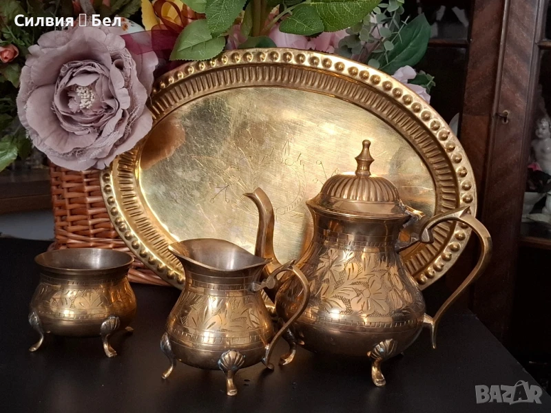 Месингов сервиз за кафе/чай – ръчно гравиран., снимка 1
