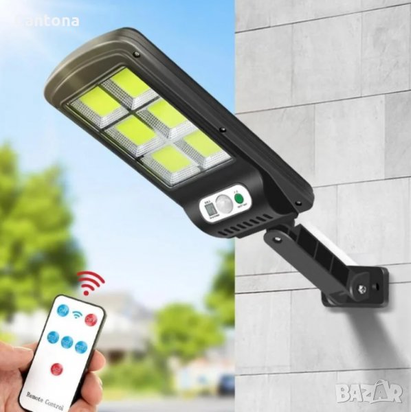 Улична соларна лампа със 128 COB LED диода с 3 режима, дистанционно, сензор за движение и фотоклетка, снимка 1
