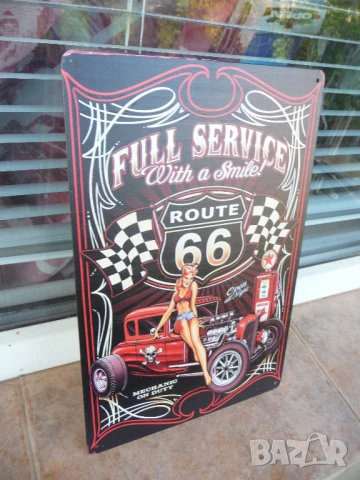 Метална табела кола Route 66 Пълно обслужване еротика механик усмивка гориво, снимка 2 - Декорация за дома - 51157589