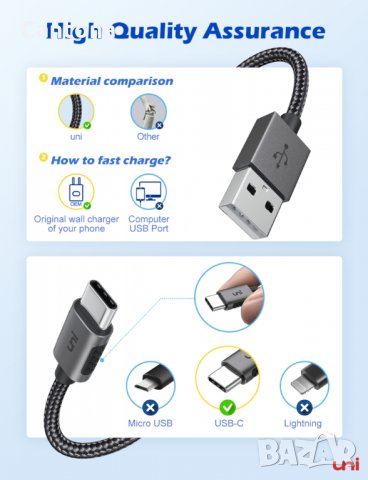 uNi вискокачествен USB-A to USB-C Charging Cable, 60 W,  300 см., снимка 3 - USB кабели - 33915659