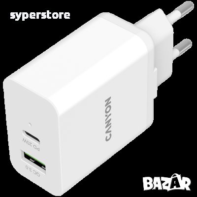 Зарядно за телефон, адаптер CANYON H-20-03, 1xUSB, 1xUSB Type-C, Бял SS30221, снимка 2 - Оригинални зарядни - 40040202