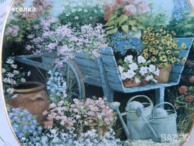 Декоративна чиния с рисунка на каручка и цветя, сертификат , снимка 3 - Антикварни и старинни предмети - 52424953