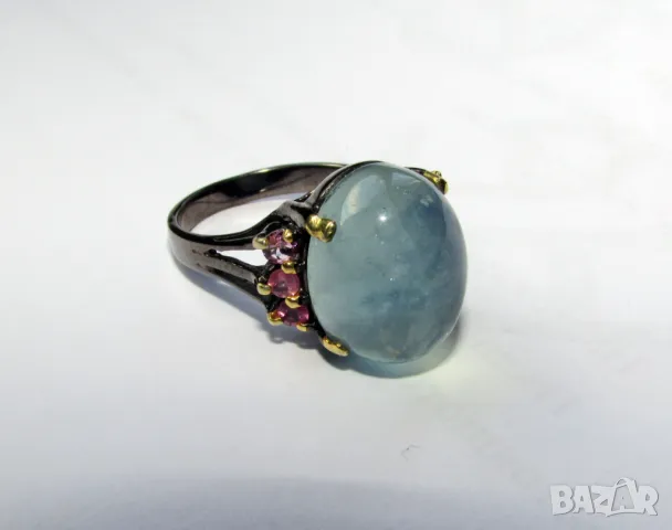 925 сребърен пръстен с родиево покритие и аквамарин 12 карата. Халка 7/55/, снимка 1