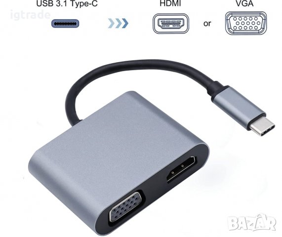USB C към HDMI VGA адаптер - USB C сплитер - 4K HDMI 1080p VGA, снимка 3 - Други - 39897317