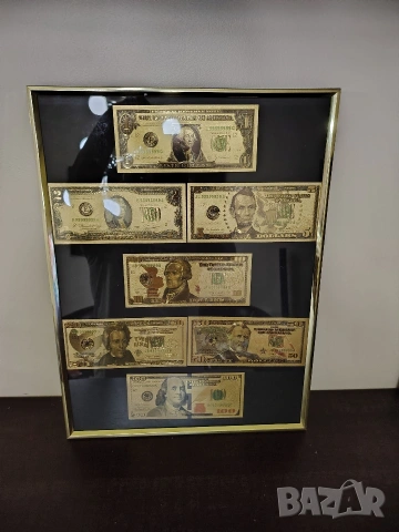 серия от позлатени долари от 1до 100$ в рамка, снимка 2 - Картини - 53157749