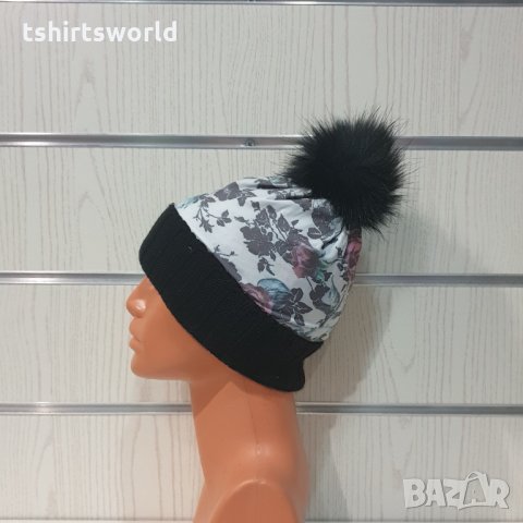 Нова зимна дамска шапка с Розички и пух/помпон, снимка 5 - Шапки - 35502884