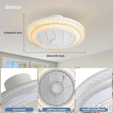 Вентилатор за таван със светлини RGB, 50 см модерен LED с дистанционно, 3 скорости, бял, снимка 4 - Лед осветление - 47411594