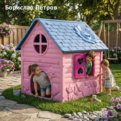 Детска къщичка за игра – Розов приказен дом с отварящи се врати и прозорци