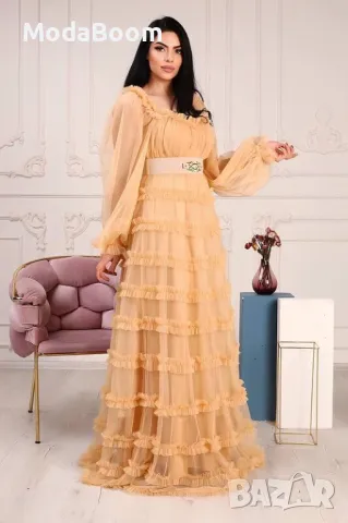 Super sale💯Вечерна рокля с дълги ръкави, деколте и тюл с волани в златисто, снимка 2 - Рокли - 48063253