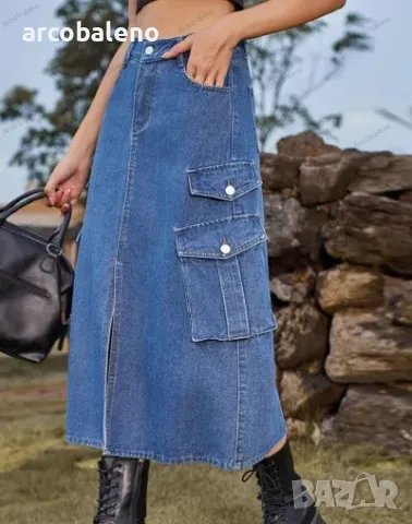 Дамска дънкова карго ежедневна миди пола с еластична талия, 2цвята , снимка 2 - Поли - 48991012