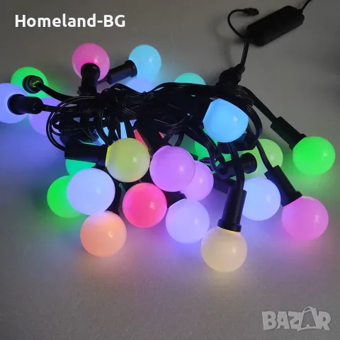 Линеен светещ гирлянд, 10 м, с 25 RGB led крушки, свързващи се, 220V, IP44, за тераса / градина