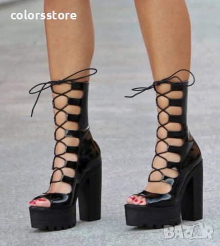 Летни боти на ток - черен лак - 101