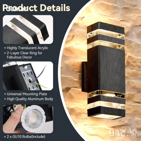 Warmiehomy Външна стенна лампа, модерна LED 2хGU10, нагоре-надолу, IP67, 29 см, снимка 5 - Лед осветление - 50988858