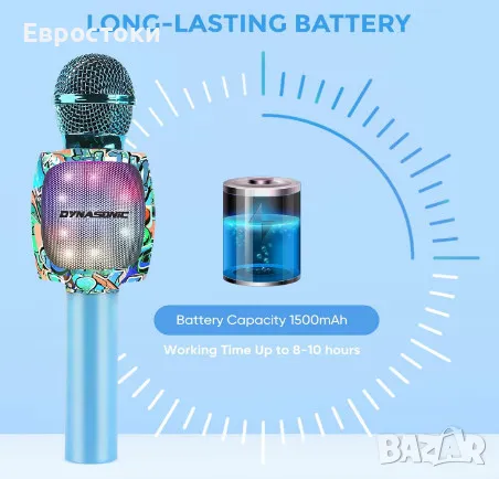 Безжичен караоке микрофон DYNASONIC, преносим Bluetooth караоке микрофон с диско LED светлини, снимка 5 - Микрофони - 49584567