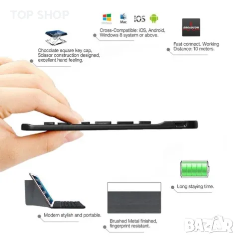 Мини ултратънка безжична Bluetooth клавиатура, снимка 4 - Клавиатури и мишки - 48771621