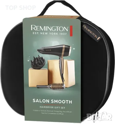 Сешоар Remington подаръчен комплект с концентратор и дифузер, керамичен, йонен, чанта, 2000 W, черен, снимка 2 - Сешоари - 49418067