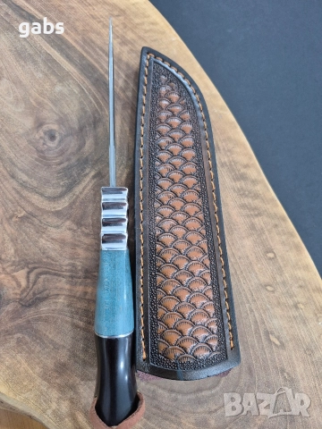 Ловен нож дамаска VG10 стомана,уникална дръжка и кожена кания,LN436, снимка 8 - Ножове - 52950791