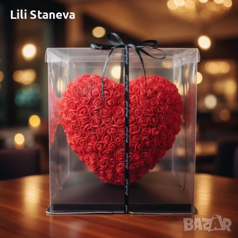 Декоративно сърце от изкуствени рози в подаръчна кутия. , снимка 4 - Декорация за дома - 53058431