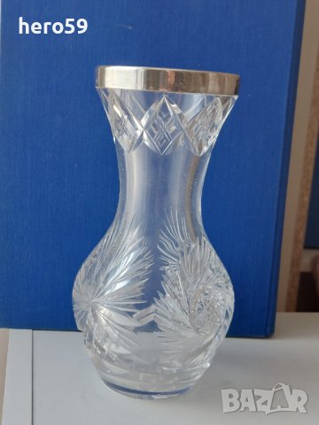 Стара кристална ваза със сребърна гривна., снимка 1 - Вази - 40838209