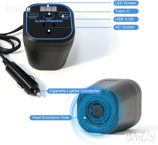Инвертор преобразувател за захранване,адаптер за зарядно за кола с 3.0A двоен USB и Type-C,12V/24V к, снимка 4 - Друга електроника - 52832226