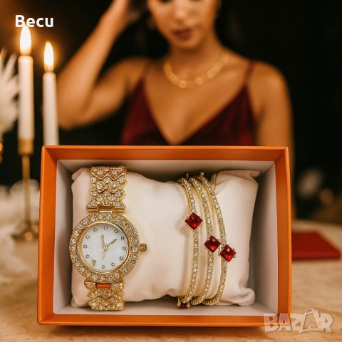 Готов сет за елегантност: кварцов часовник + 3 гривни с червени акценти