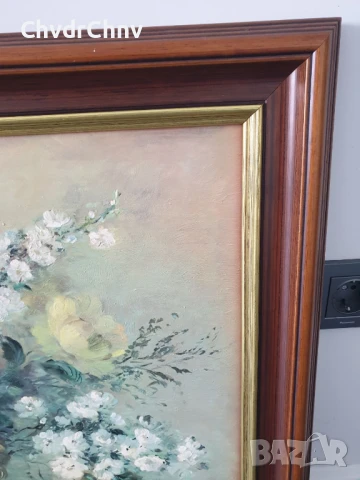 Голяма картина маслен принт върху платно/натюрморт ваза с цветя/дървена рамка 93х63см/Frohlich, снимка 7 - Картини - 50823654