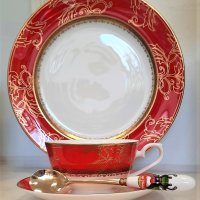 Червени чинии от костен порцелан YoLiSa, снимка 8 - Чинии - 31887815