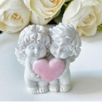 3D 2 деца момиче момче ангел хванали сърце силиконов молд форма фондан шоколад гипс декор, снимка 1 - Форми - 38041428