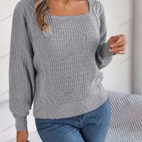 Небрежен едноцветен дамски плетен пуловер с квадратно деколте, 3цвята - 023 , снимка 16 - Блузи с дълъг ръкав и пуловери - 42237722