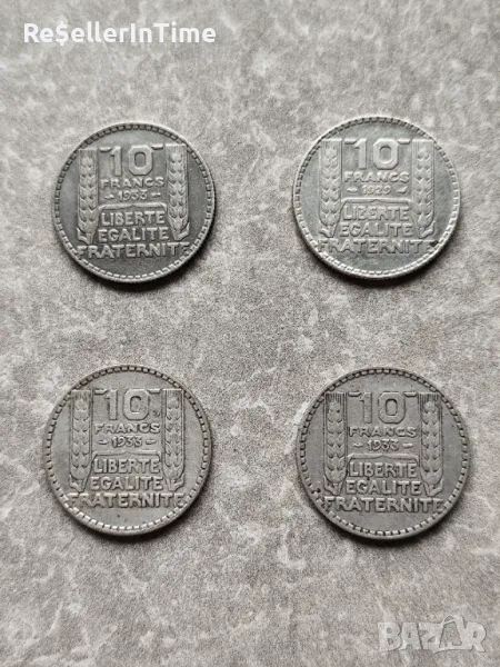 Лот от 4 броя сребърни монети 10 francs 3 от 1933 и 1 от 1929, снимка 1
