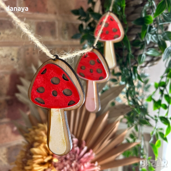 6096 Декоративни дървени гъбки на връзка, гирлянда за украса, снимка 1