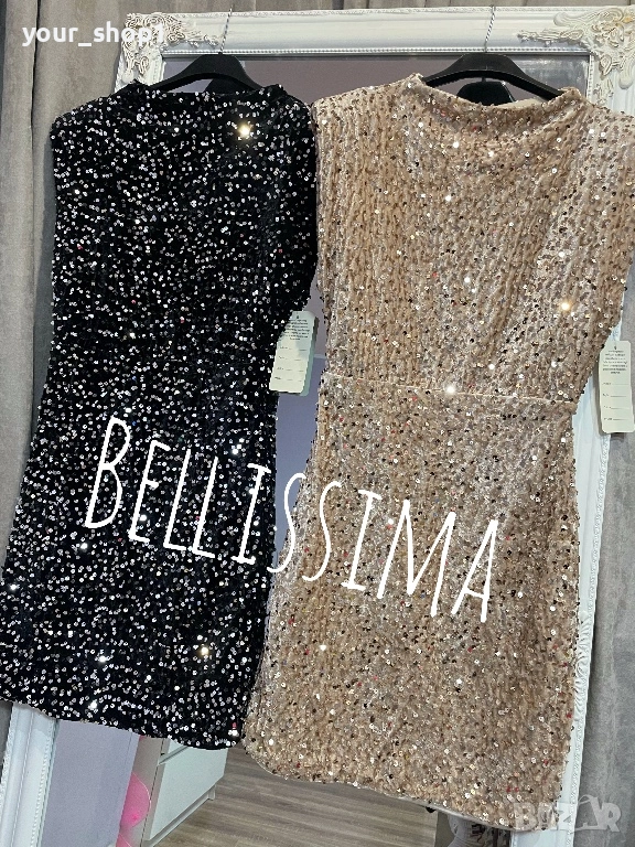 Елегантна къса рокля с пайети и ефектен гол гръб черно златно , снимка 1