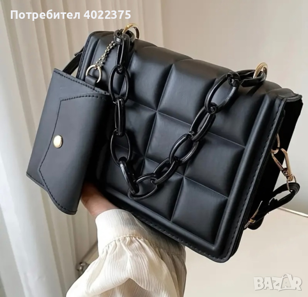 Черна кожена чанта с ефектна дръжка, снимка 1
