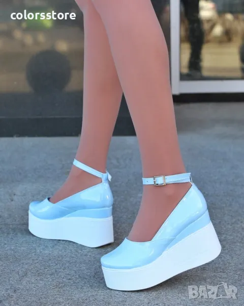 Обувки на платформа - син лак с бяло ходило - 125K, снимка 1