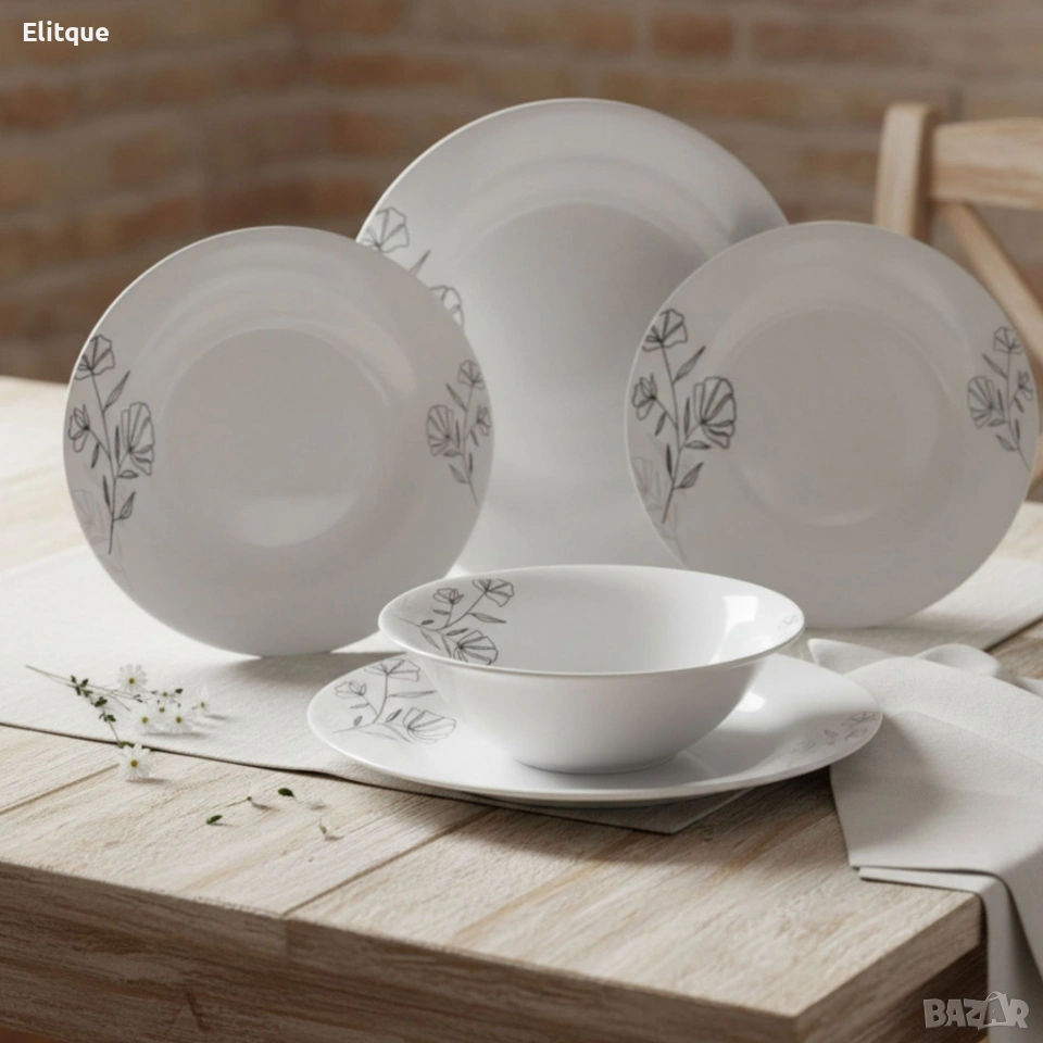 Комплект чинии 24 части с елегантен черен флорален мотив – Изтънченост за всяка трапеза, снимка 1